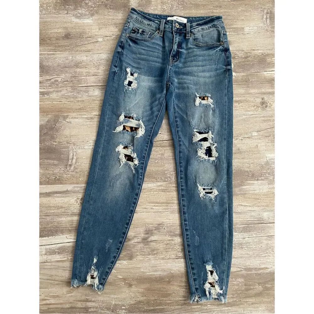 KanCan Skinny Jeans Cropped Ankle Leopard Raw Hem Juniors Size 3